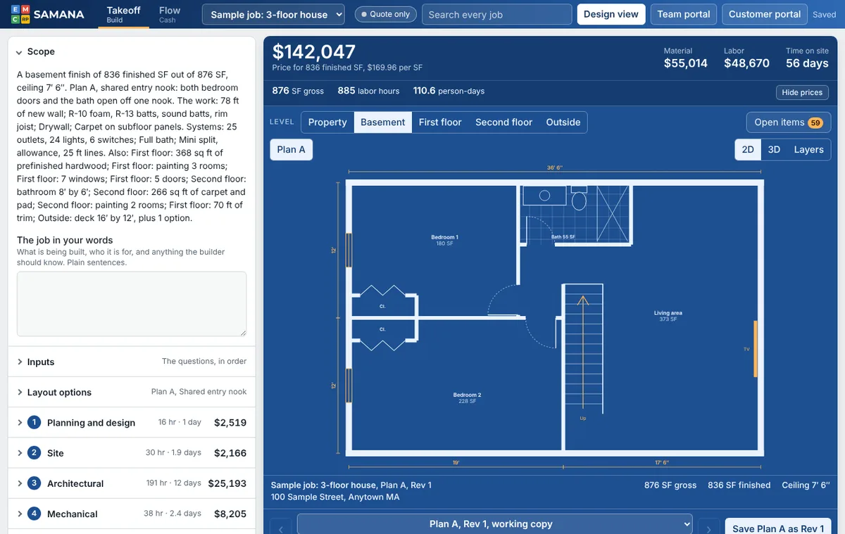Takeoff: a basement drawn to scale with its price, labor and days on site